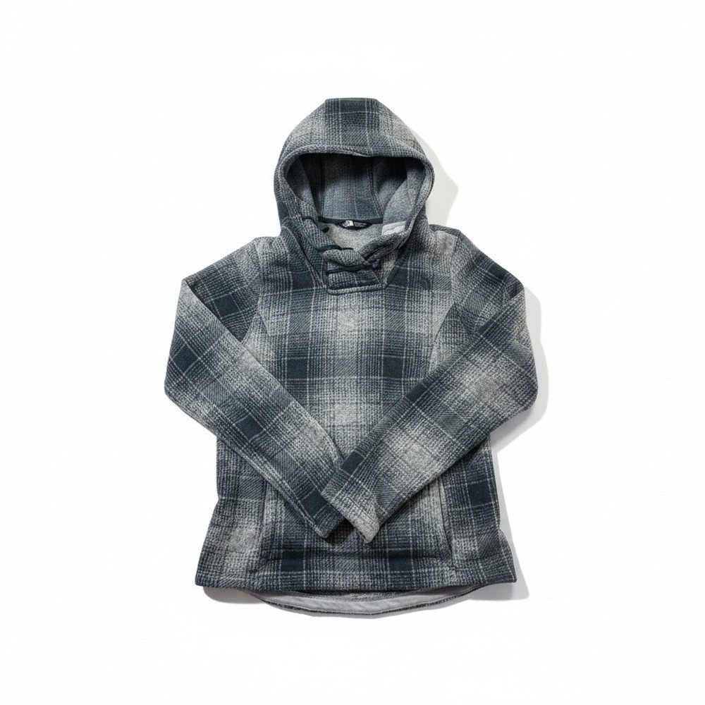 North Face Crescent Plaid Fleece Toggle‎ Hoodie Pullover Womens XS Gray
